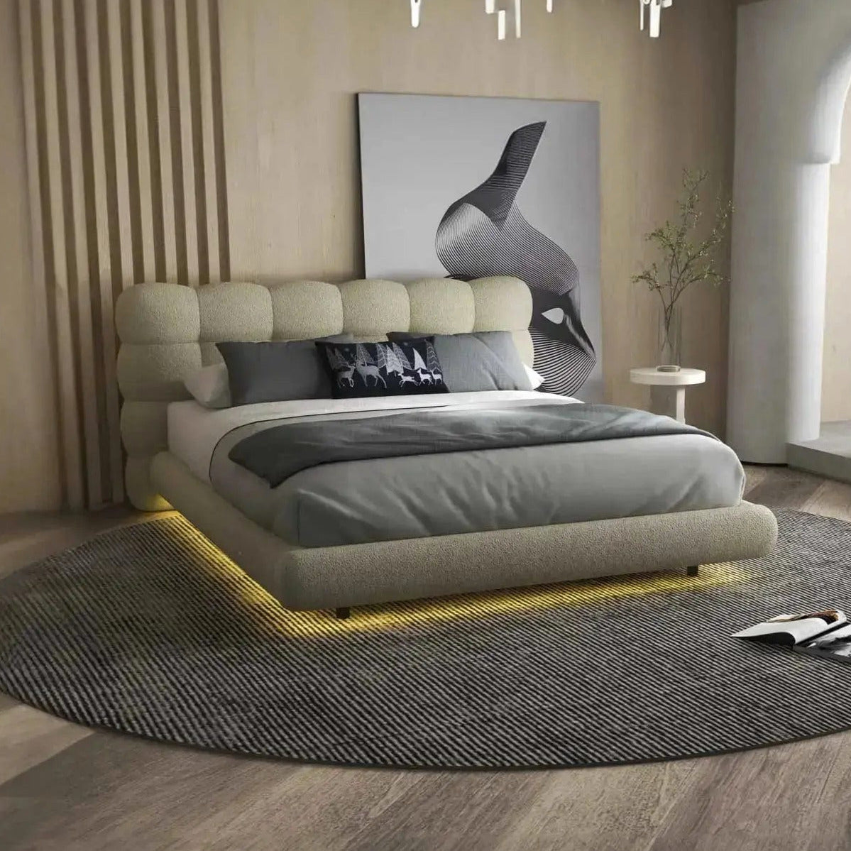 Pat dormitor dumonde, tapitat bej cu LED, "floating bed" Cloud 140x200 cm, somiera inclusa WLS