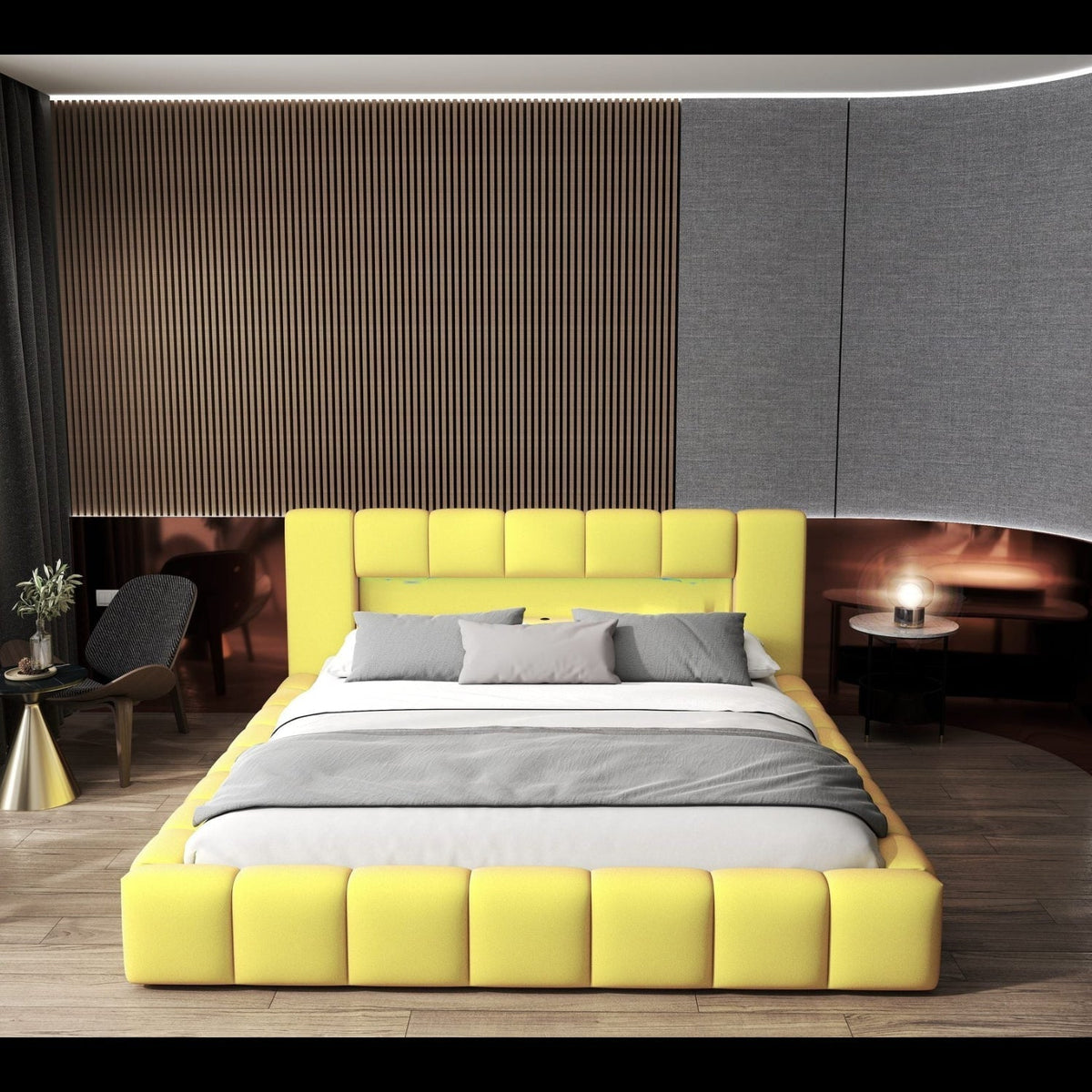 Pat dormitor dumonde, tapitat galben cu LED si USB, Palermo 140x200 cm, somiera rabatabila inclusa, spatiu depozitare Fabrica