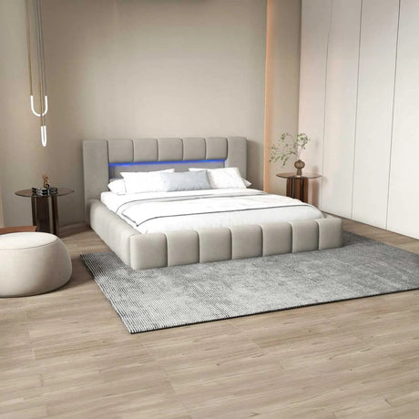 Pat dormitor dumonde, tapitat gri cu LED si USB, Palermo 140x200 cm, somiera rabatabila inclusa, spatiu depozitare WLS
