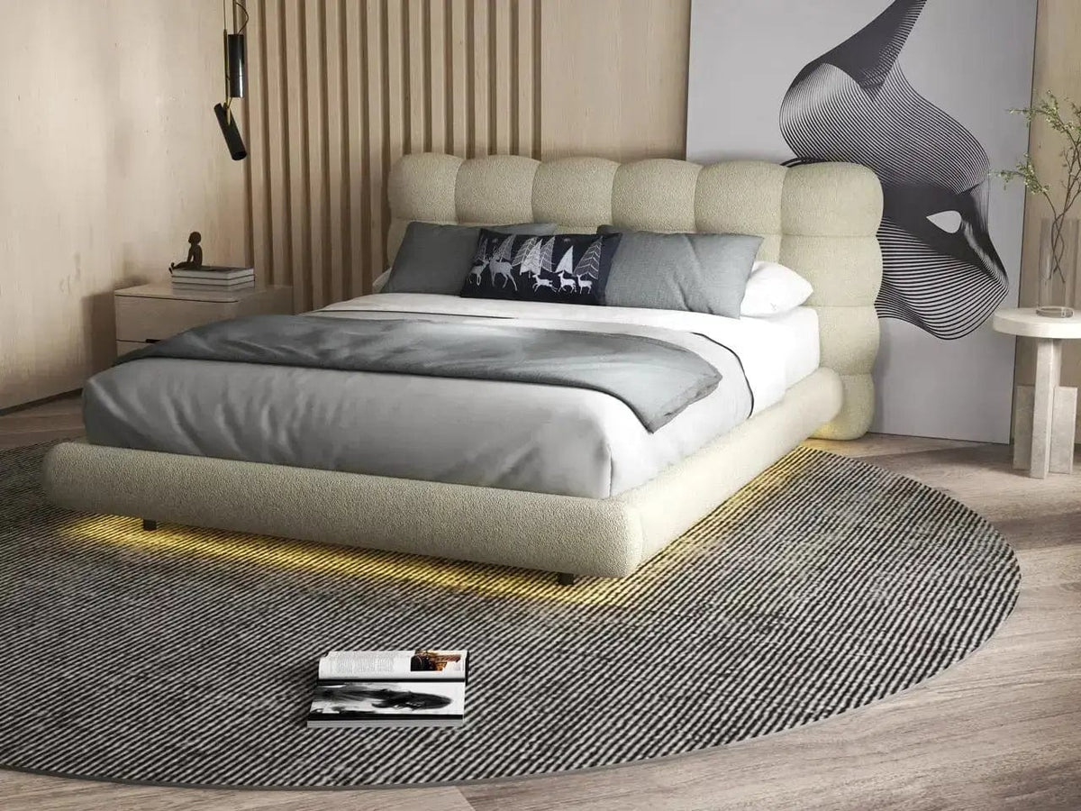 Pat dormitor dumonde, tapitat bej cu LED, "floating bed" Cloud 140x200 cm, somiera inclusa WLS