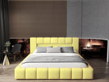 Pat dormitor dumonde, tapitat galben cu LED si USB, Palermo 140x200 cm, somiera rabatabila inclusa, spatiu depozitare Fabrica