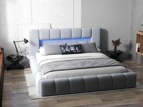 Pat dormitor dumonde, tapitat gri cu LED si USB, Palermo 140x200 cm, somiera rabatabila inclusa, spatiu depozitare WLS