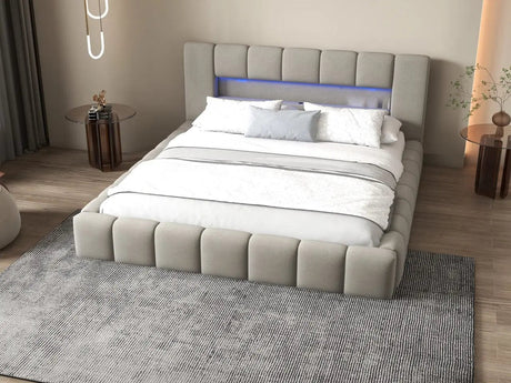 Pat dormitor dumonde, tapitat gri cu LED si USB, Palermo 140x200 cm, somiera rabatabila inclusa, spatiu depozitare WLS