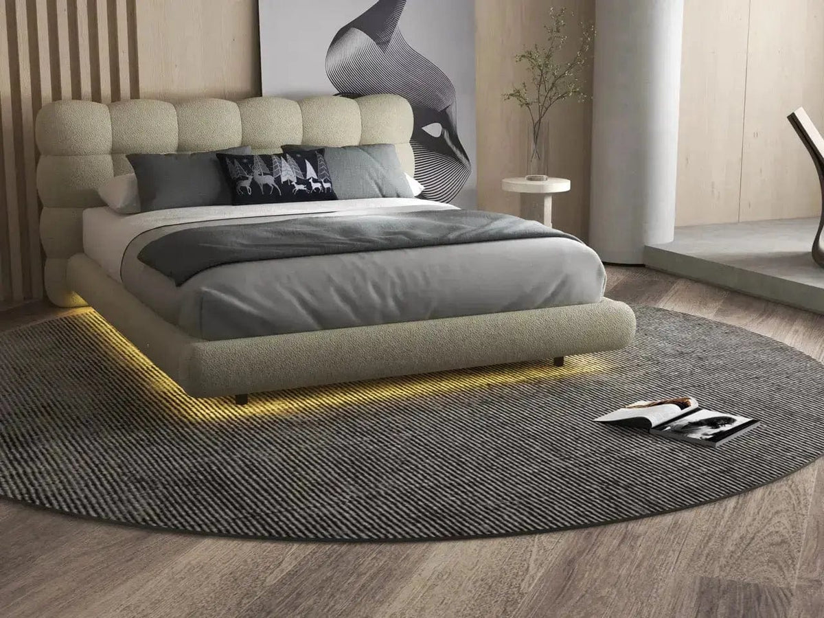 Pat dormitor dumonde, tapitat bej cu LED, "floating bed" Cloud 140x200 cm, somiera inclusa WLS