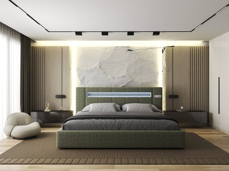 Pat dormitor dumonde, tapitat verde, Glow 180x200 cm, somiera rabatabila inclusa, spatiu depozitare Fabrica