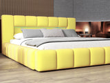 Pat dormitor dumonde, tapitat galben cu LED si USB, Palermo 140x200 cm, somiera rabatabila inclusa, spatiu depozitare Fabrica