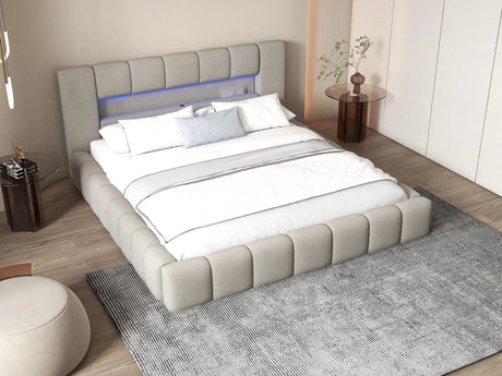 Pat dormitor dumonde, tapitat gri cu LED si USB, Palermo 140x200 cm, somiera rabatabila inclusa, spatiu depozitare WLS