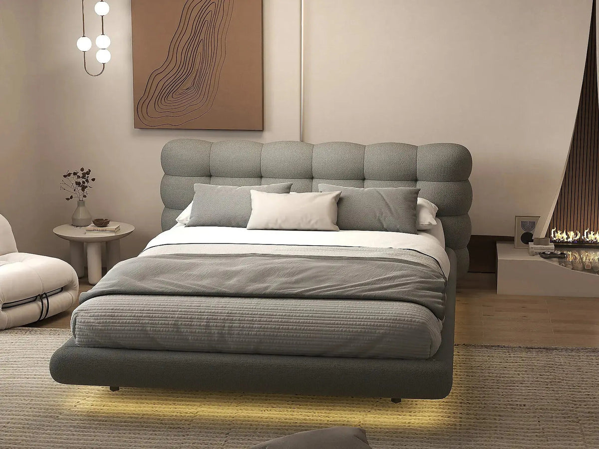 Pat dormitor dumonde, tapitat gri cu LED, "floating bed" Cloud 160x200 cm, somiera inclusa WLS