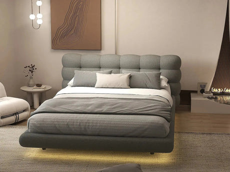 Pat dormitor dumonde, tapitat gri cu LED, "floating bed" Cloud 160x200 cm, somiera inclusa WLS