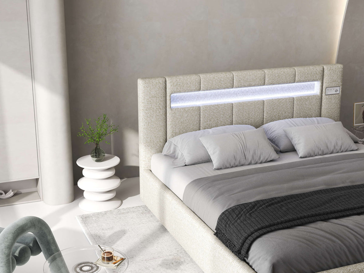 Pat dormitor dumonde, tapitat gri, Glow 180x200 cm, somiera rabatabila inclusa, spatiu depozitare WLS