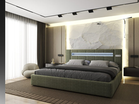 Pat dormitor dumonde, tapitat verde, Glow 180x200 cm, somiera rabatabila inclusa, spatiu depozitare Fabrica