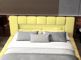 Pat dormitor dumonde, tapitat galben cu LED si USB, Palermo 140x200 cm, somiera rabatabila inclusa, spatiu depozitare Fabrica
