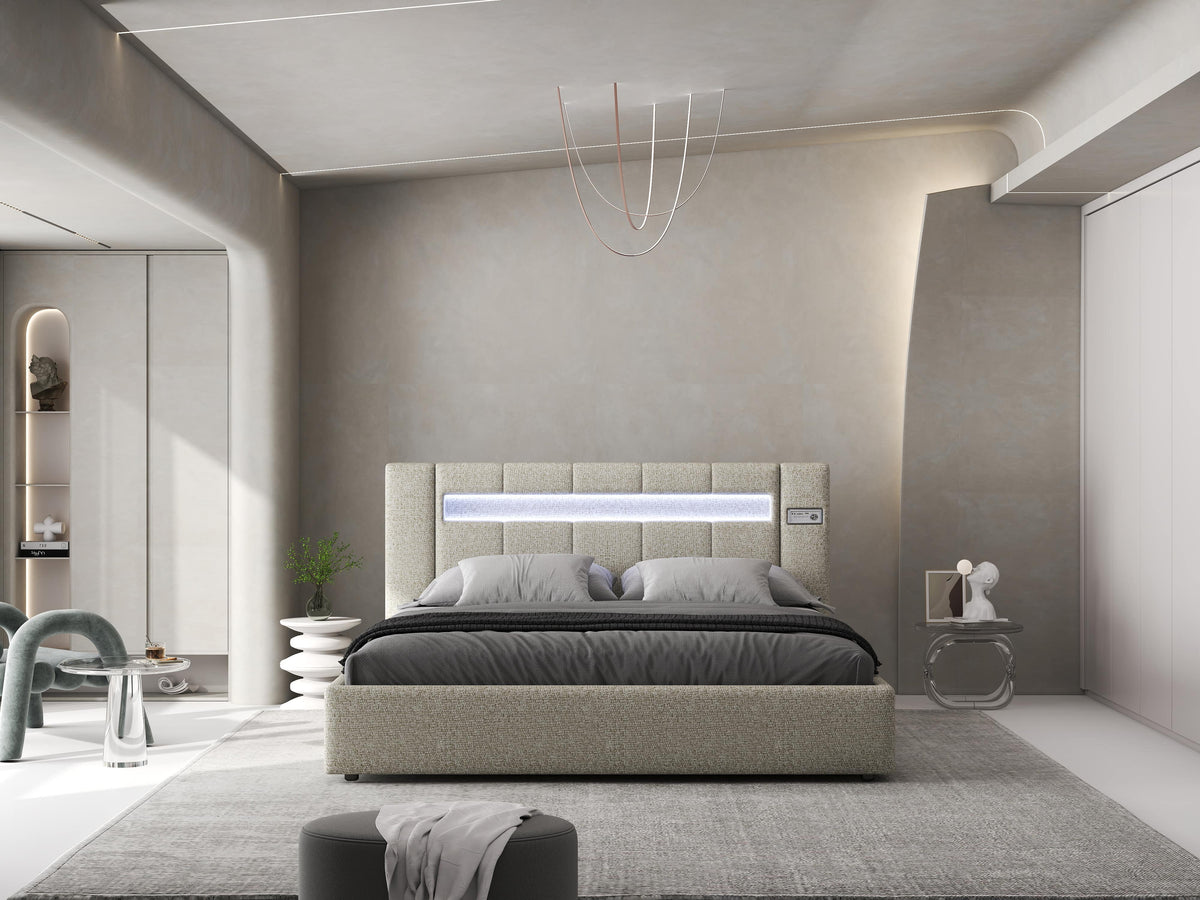 Pat dormitor dumonde, tapitat gri, Glow 180x200 cm, somiera rabatabila inclusa, spatiu depozitare WLS