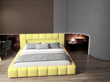 Pat dormitor dumonde, tapitat galben cu LED si USB, Palermo 140x200 cm, somiera rabatabila inclusa, spatiu depozitare Fabrica
