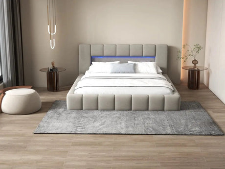 Pat dormitor dumonde, tapitat gri cu LED si USB, Palermo 140x200 cm, somiera rabatabila inclusa, spatiu depozitare WLS