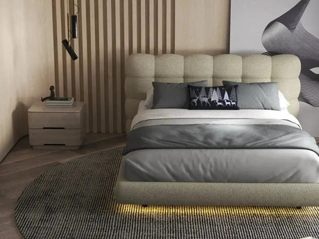 Pat dormitor dumonde, tapitat bej cu LED, "floating bed" Cloud 140x200 cm, somiera inclusa WLS