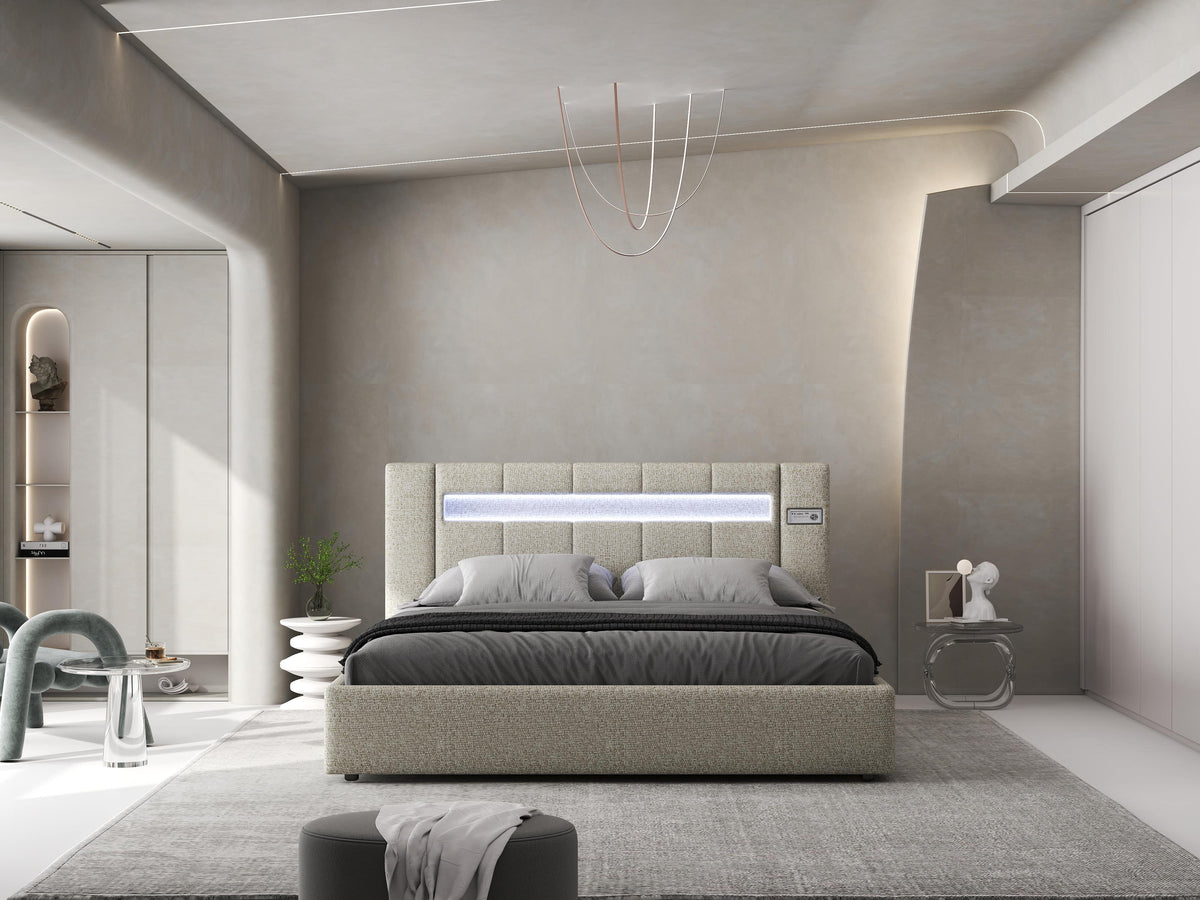 Pat dormitor dumonde, tapitat gri, Glow 180x200 cm, somiera rabatabila inclusa, spatiu depozitare WLS