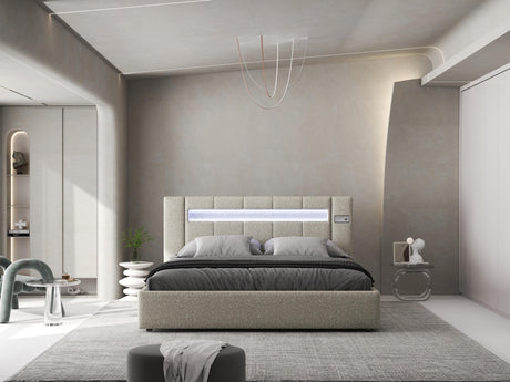 Pat dormitor dumonde, tapitat gri, Glow 180x200 cm, somiera rabatabila inclusa, spatiu depozitare WLS
