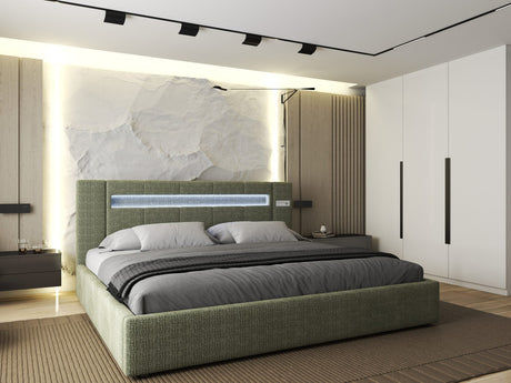 Pat dormitor dumonde, tapitat verde, Glow 180x200 cm, somiera rabatabila inclusa, spatiu depozitare Fabrica