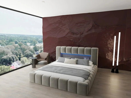Pat dormitor dumonde, tapitat bej cu LED si USB, Palermo 160x200 cm, somiera rabatabila inclusa, spatiu depozitare WLS
