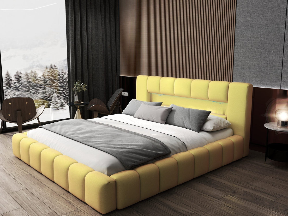 Pat dormitor dumonde, tapitat galben cu LED si USB, Palermo 140x200 cm, somiera rabatabila inclusa, spatiu depozitare Fabrica