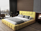 Pat dormitor dumonde, tapitat galben cu LED si USB, Palermo 140x200 cm, somiera rabatabila inclusa, spatiu depozitare Fabrica