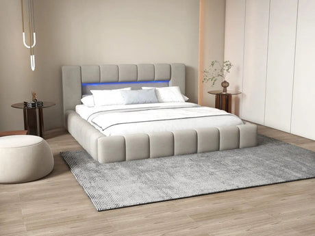 Pat dormitor dumonde, tapitat gri cu LED si USB, Palermo 140x200 cm, somiera rabatabila inclusa, spatiu depozitare WLS