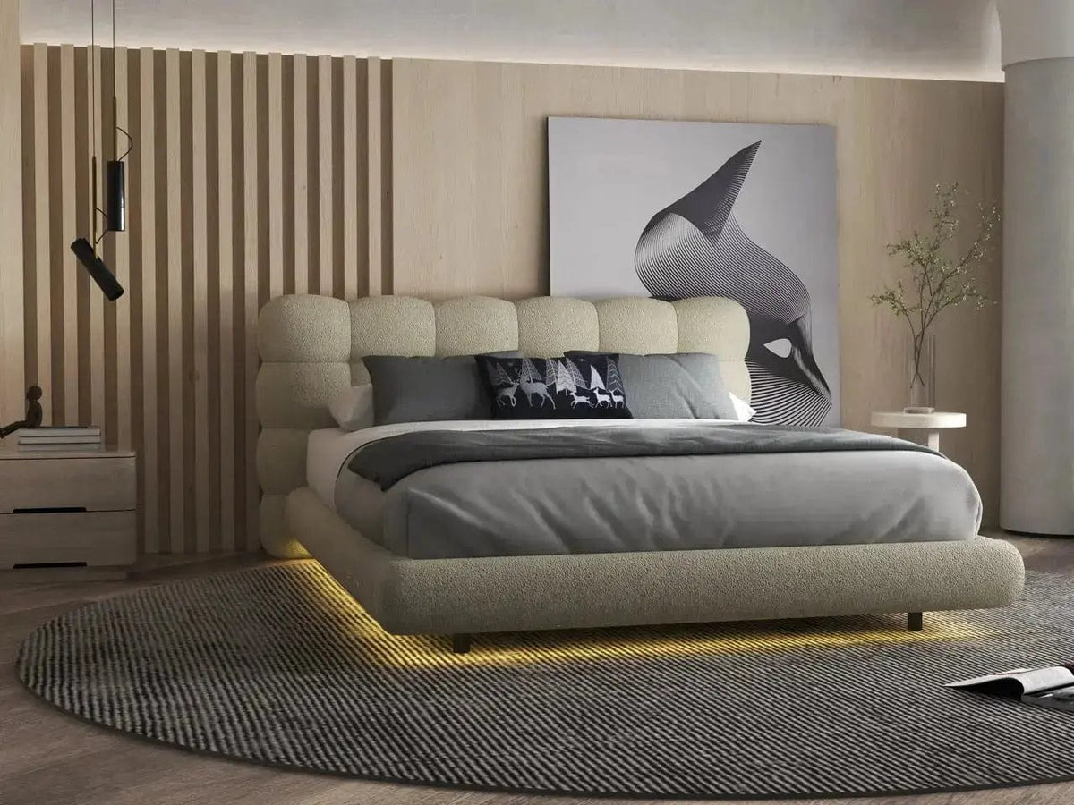 Pat dormitor dumonde, tapitat bej cu LED, "floating bed" Cloud 140x200 cm, somiera inclusa WLS