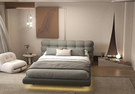 Pat dormitor dumonde, tapitat gri cu LED, "floating bed" Cloud 160x200 cm, somiera inclusa WLS