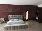 Pat dormitor dumonde, tapitat bej cu LED si USB, Palermo 160x200 cm, somiera rabatabila inclusa, spatiu depozitare WLS