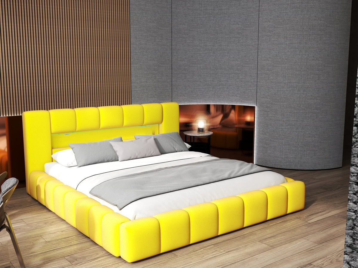 Pat dormitor dumonde, tapitat galben cu LED si USB, Palermo 140x200 cm, somiera rabatabila inclusa, spatiu depozitare Fabrica