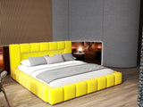 Pat dormitor dumonde, tapitat galben cu LED si USB, Palermo 140x200 cm, somiera rabatabila inclusa, spatiu depozitare Fabrica