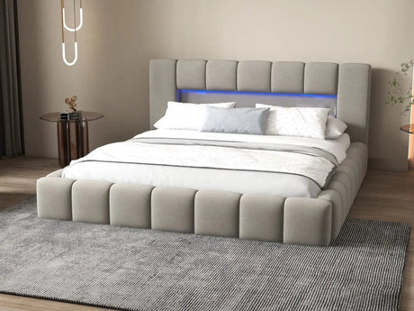 Pat dormitor dumonde, tapitat gri cu LED si USB, Palermo 140x200 cm, somiera rabatabila inclusa, spatiu depozitare WLS