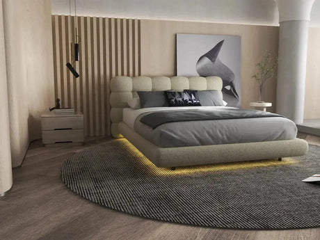 Pat dormitor dumonde, tapitat bej cu LED, "floating bed" Cloud 140x200 cm, somiera inclusa WLS