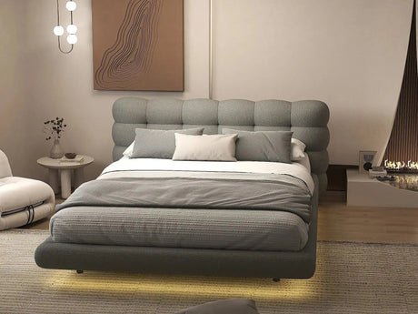 Pat dormitor dumonde, tapitat gri cu LED, "floating bed" Cloud 160x200 cm, somiera inclusa WLS
