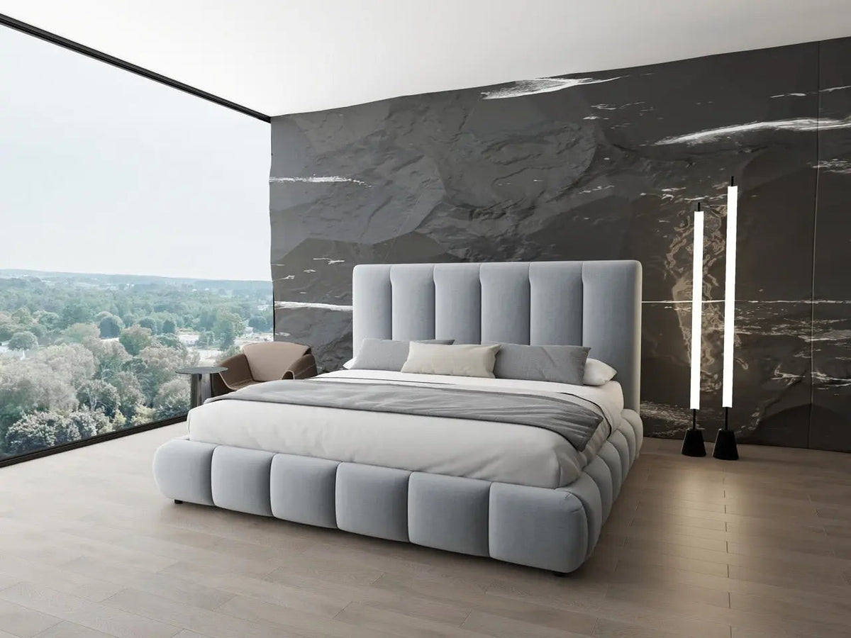 Pat dormitor dumonde, tapitat gri, Divaneo 140x200 cm, somiera rabatabila inclusa, spatiu depozitare WLS
