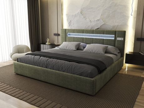 Pat dormitor dumonde, tapitat verde, Glow 180x200 cm, somiera rabatabila inclusa, spatiu depozitare Fabrica