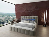 Pat dormitor dumonde, tapitat bej cu LED si USB, Palermo 160x200 cm, somiera rabatabila inclusa, spatiu depozitare WLS