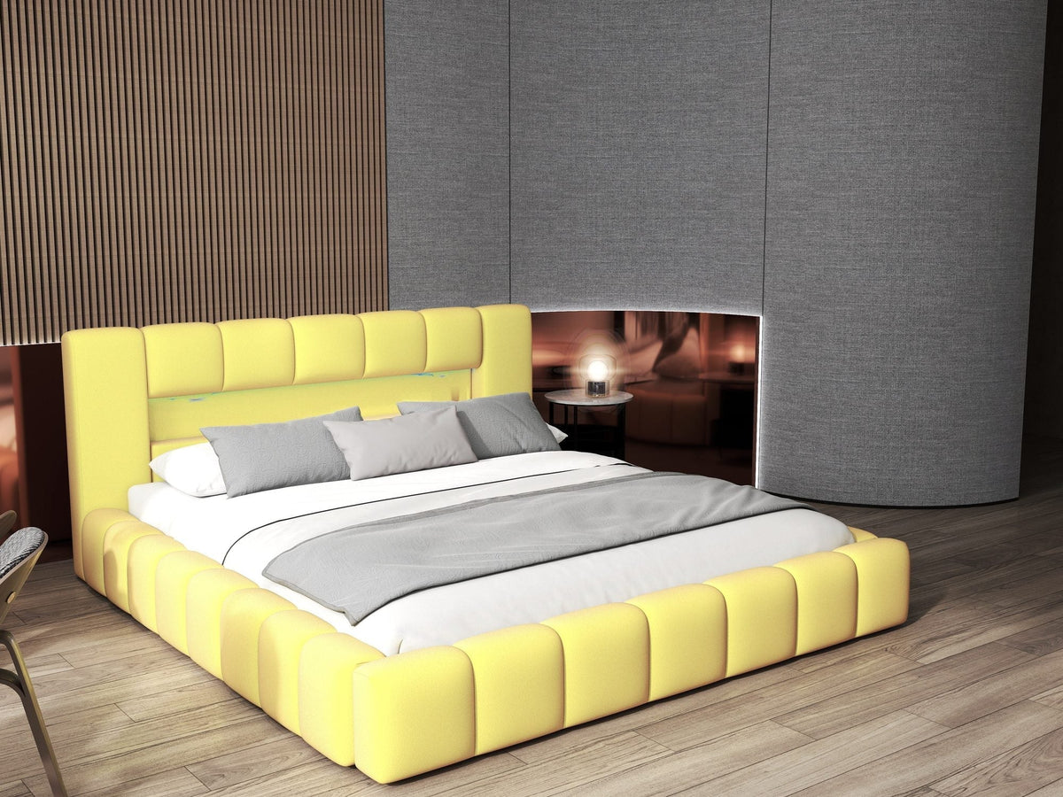 Pat dormitor dumonde, tapitat galben cu LED si USB, Palermo 140x200 cm, somiera rabatabila inclusa, spatiu depozitare Fabrica