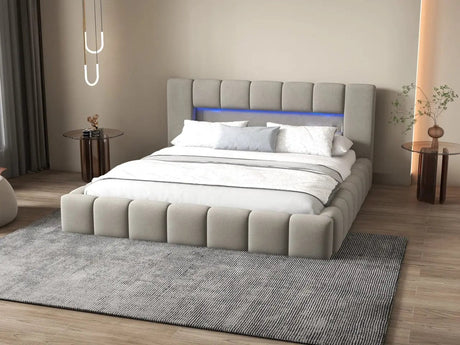 Pat dormitor dumonde, tapitat gri cu LED si USB, Palermo 140x200 cm, somiera rabatabila inclusa, spatiu depozitare WLS