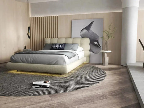 Pat dormitor dumonde, tapitat bej cu LED, "floating bed" Cloud 140x200 cm, somiera inclusa WLS