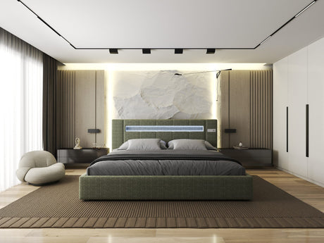 Pat dormitor dumonde, tapitat verde, Glow 180x200 cm, somiera rabatabila inclusa, spatiu depozitare Fabrica