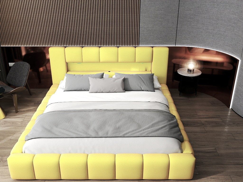Pat dormitor dumonde, tapitat galben cu LED si USB, Palermo 140x200 cm, somiera rabatabila inclusa, spatiu depozitare Fabrica