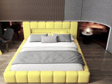 Pat dormitor dumonde, tapitat galben cu LED si USB, Palermo 140x200 cm, somiera rabatabila inclusa, spatiu depozitare Fabrica