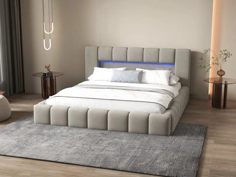 Pat dormitor dumonde, tapitat gri cu LED si USB, Palermo 140x200 cm, somiera rabatabila inclusa, spatiu depozitare WLS