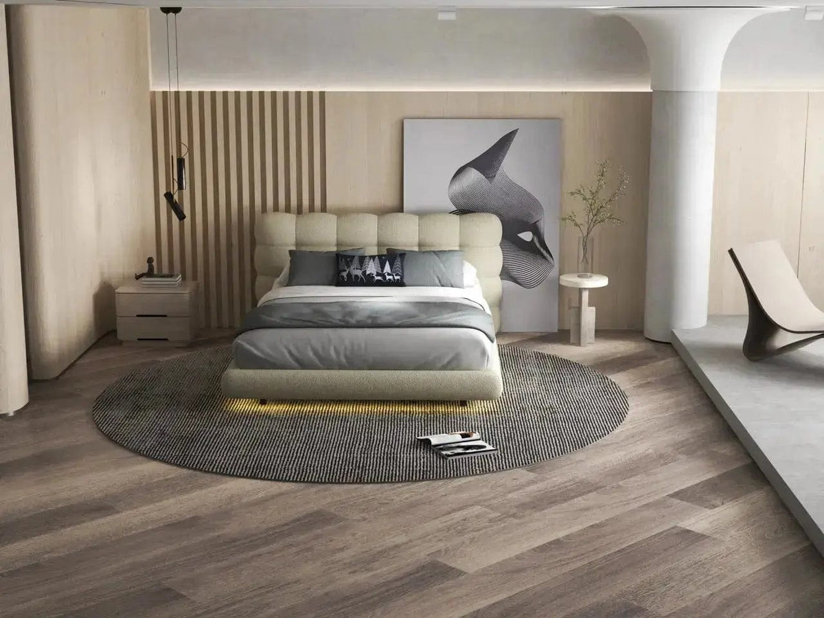 Pat dormitor dumonde, tapitat bej cu LED, "floating bed" Cloud 140x200 cm, somiera inclusa WLS