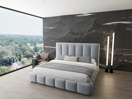 Pat dormitor dumonde, tapitat gri, Divaneo 140x200 cm, somiera rabatabila inclusa, spatiu depozitare WLS