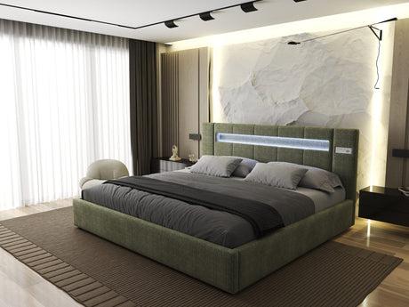 Pat dormitor dumonde, tapitat verde, Glow 180x200 cm, somiera rabatabila inclusa, spatiu depozitare Fabrica