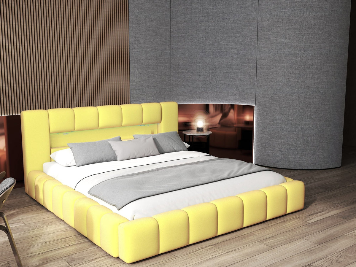 Pat dormitor dumonde, tapitat galben cu LED si USB, Palermo 140x200 cm, somiera rabatabila inclusa, spatiu depozitare Fabrica