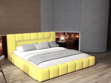 Pat dormitor dumonde, tapitat galben cu LED si USB, Palermo 140x200 cm, somiera rabatabila inclusa, spatiu depozitare Fabrica